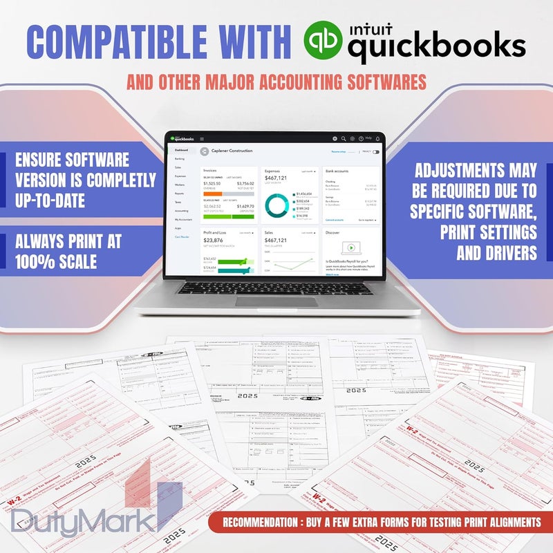 Dutymark W2 Tax Forms 2025 IRS-Compatible 4 Part W2 Forms for 10 Employees - Compatible with Quickbooks Software & Laser, Inkjet Printers - 3 W3 Forms incuded, and 10 Self-Sealing Envelopes - Image 5
